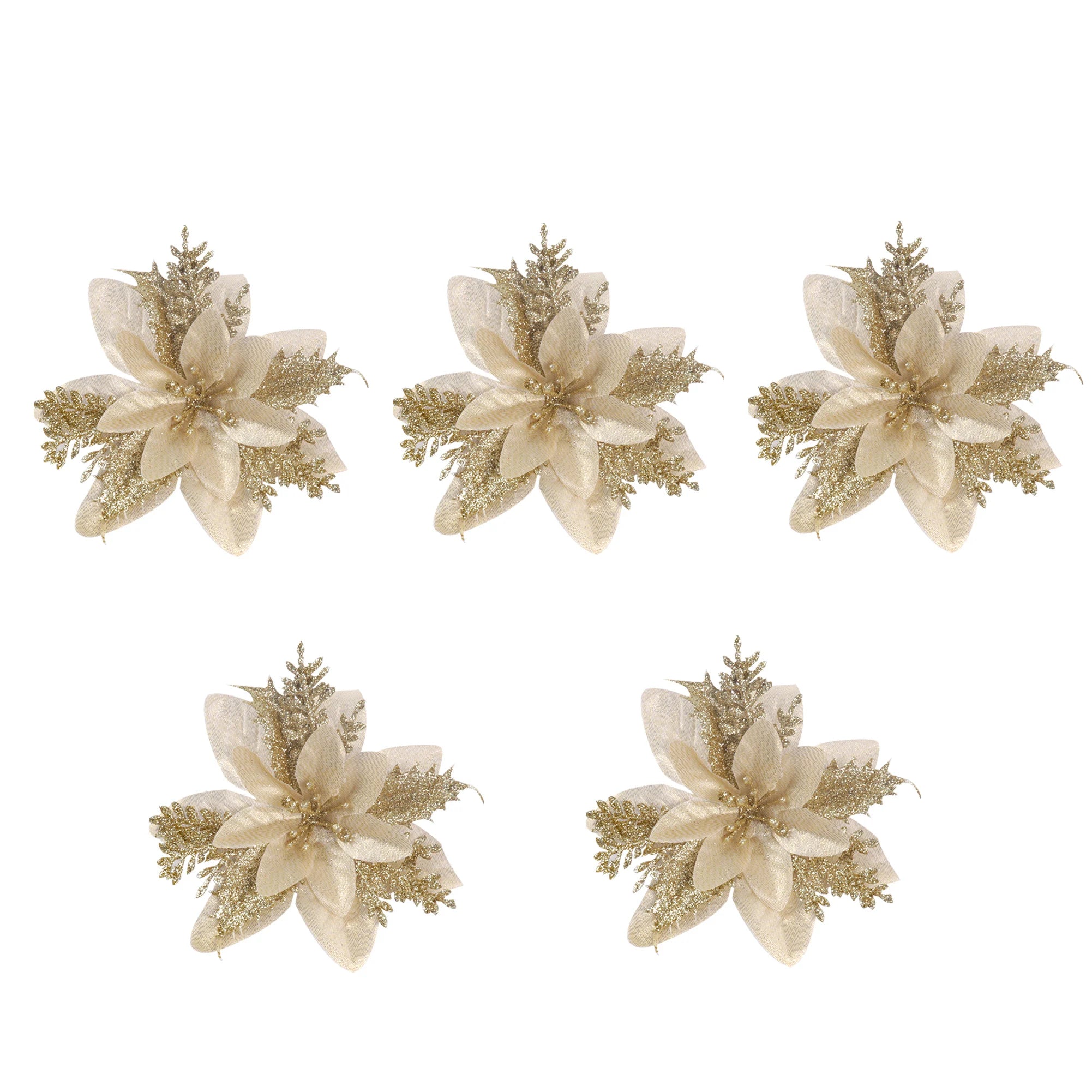 Sparkling Gold & Red Poinsettia Ornaments - 10/5pcs - Image 2