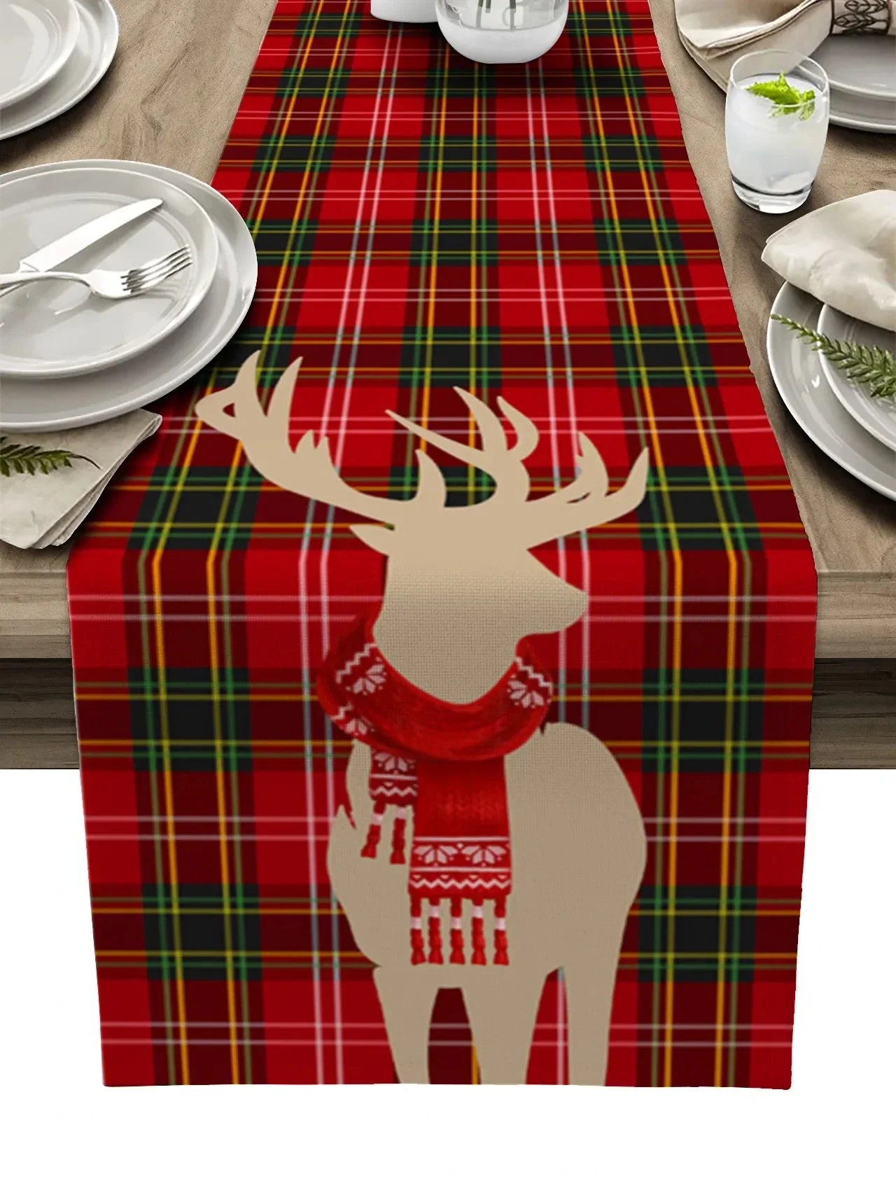 Festive Plaid Elk Table Runner for Christmas Decor