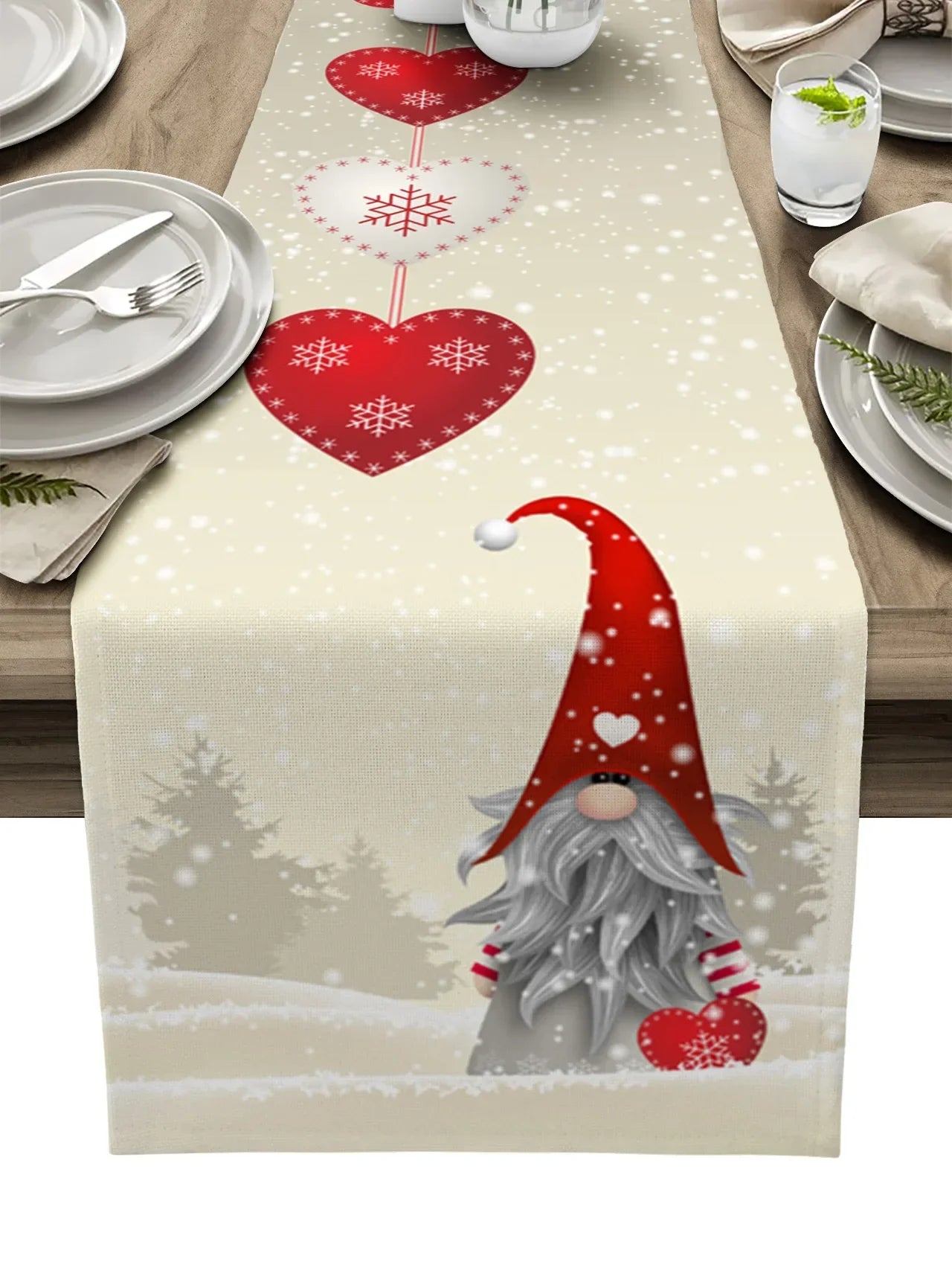 Festive Gnome Snowflake Heart Table Runner Decor