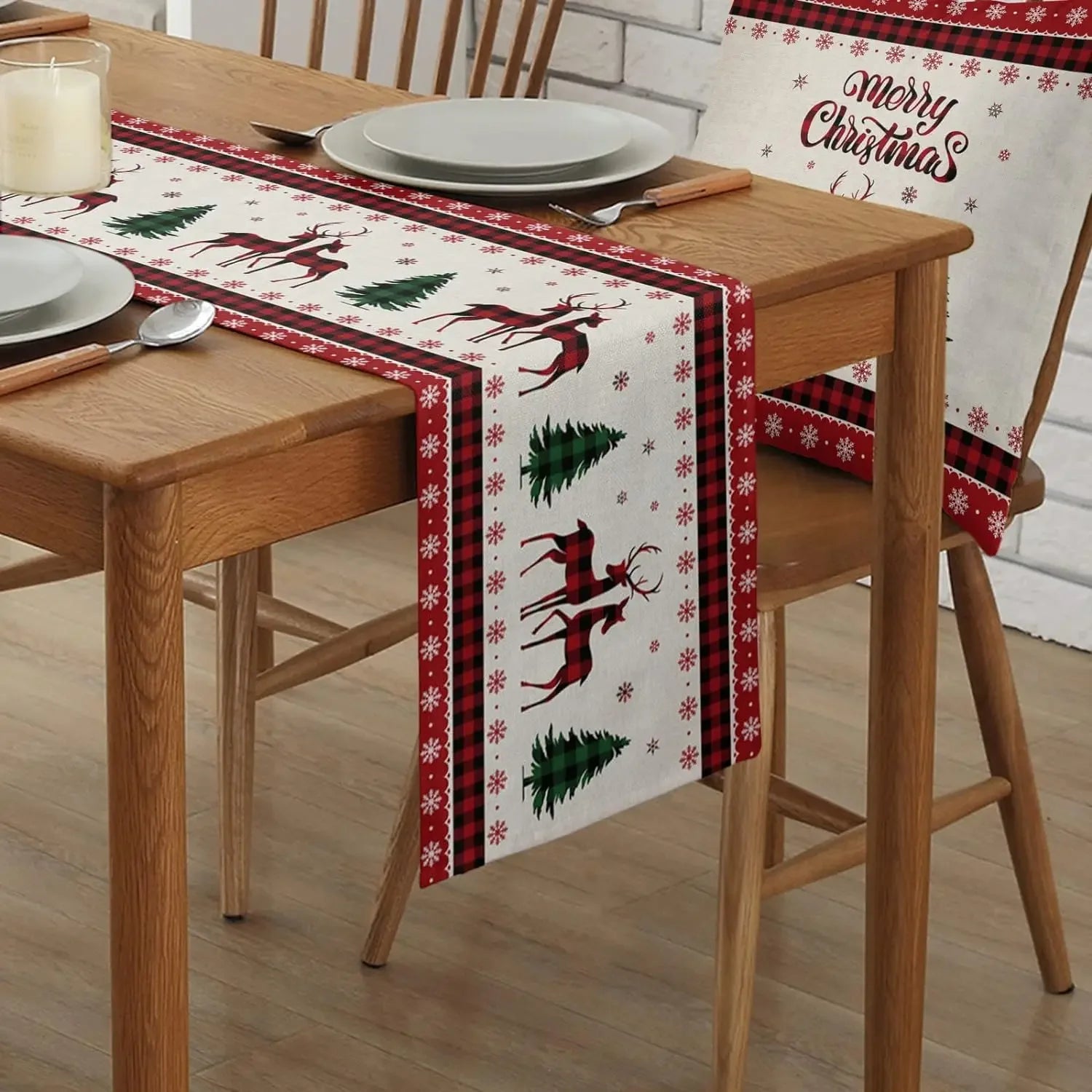Charming Christmas Elk Table Runner with Snowflakes - Image 2
