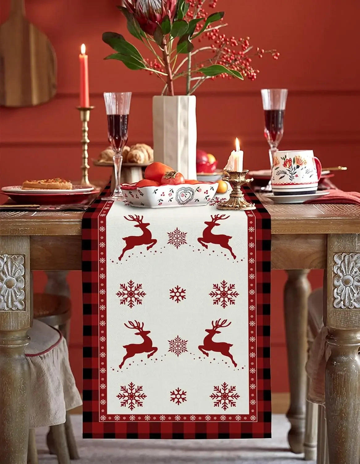 Festive Elk Snowflake Buffalo Plaid Table Runner - Image 2