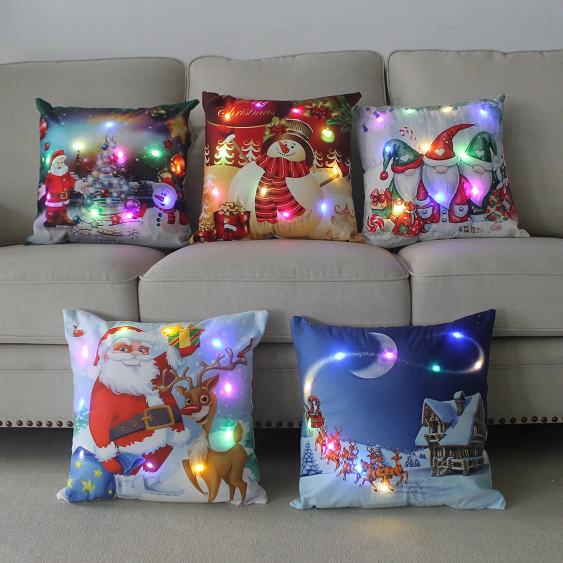 Illuminated Christmas Pillowcase with Santa & Snowman