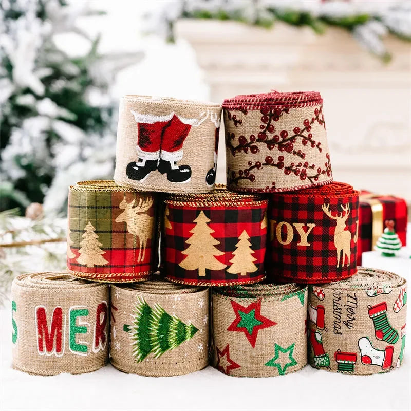 Festive Linen Wire Edge Christmas Ribbon Roll