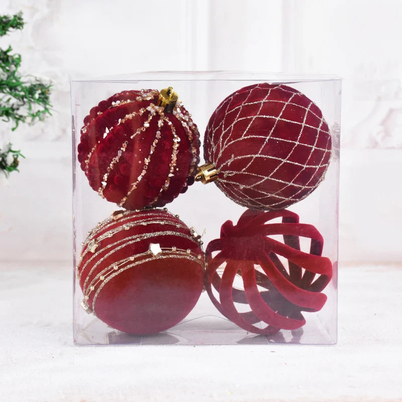 Burgundy Flocking Christmas Ball Ornaments - 4 Pack - Image 18