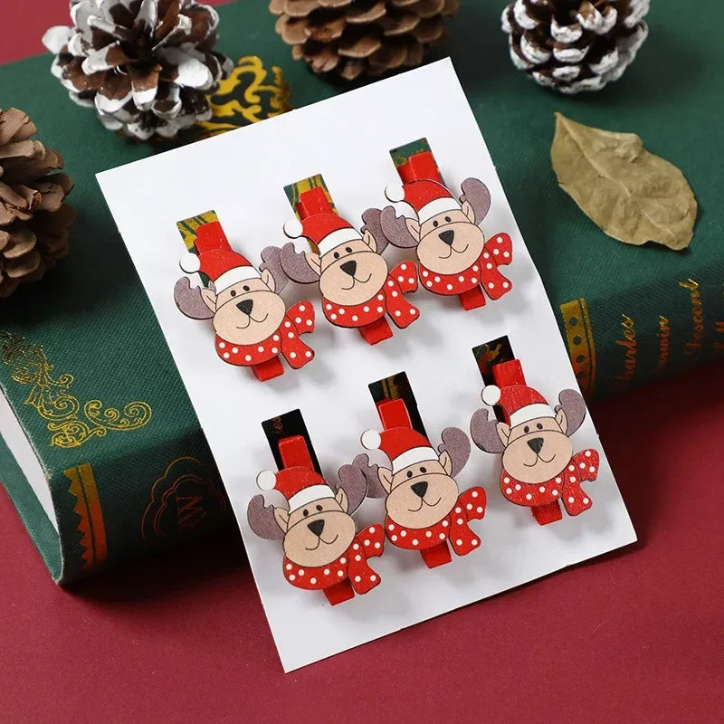 Festive 6pcs Wooden Christmas Clip Ornaments - Image 9