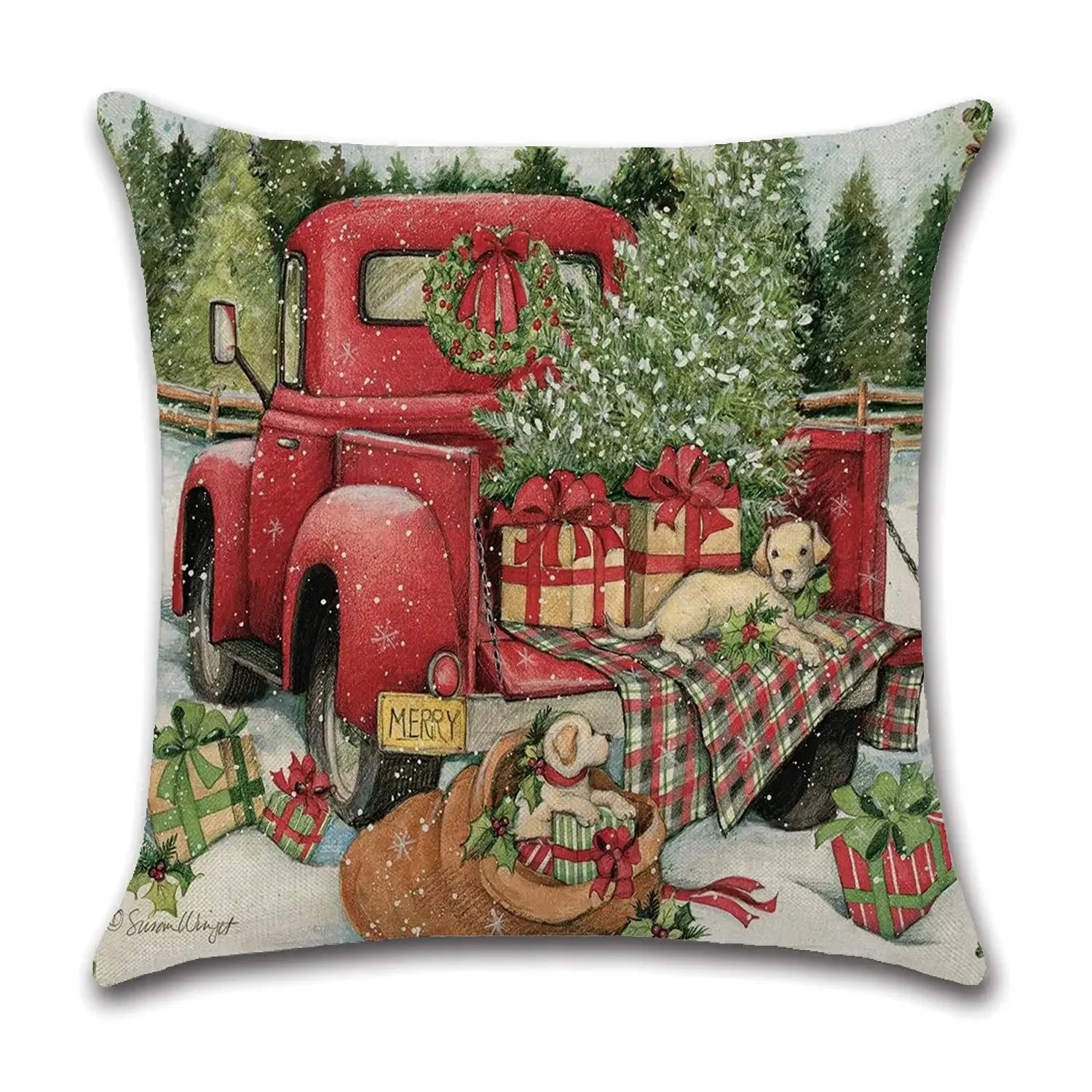 Custom Christmas Red Truck Snowman Pillowcase Cover - Image 2