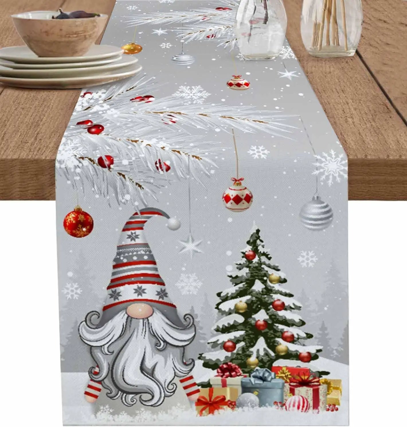 Charming Gray Gnome Christmas Table Runner Decor