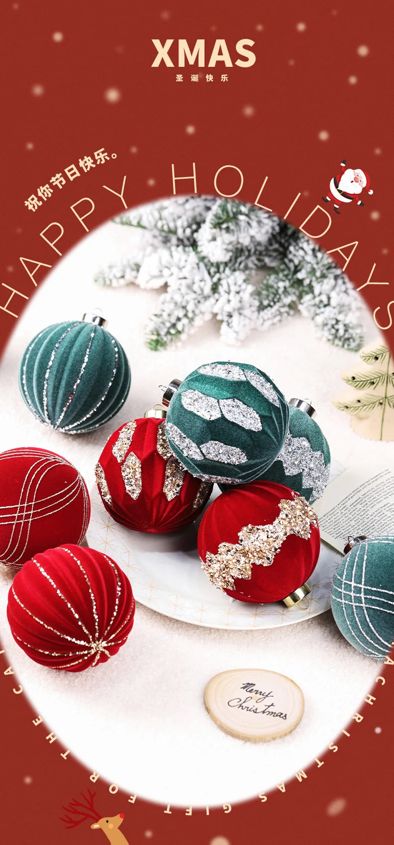 Flocking Red Christmas Ball Ornaments - 4 Pack - Image 17