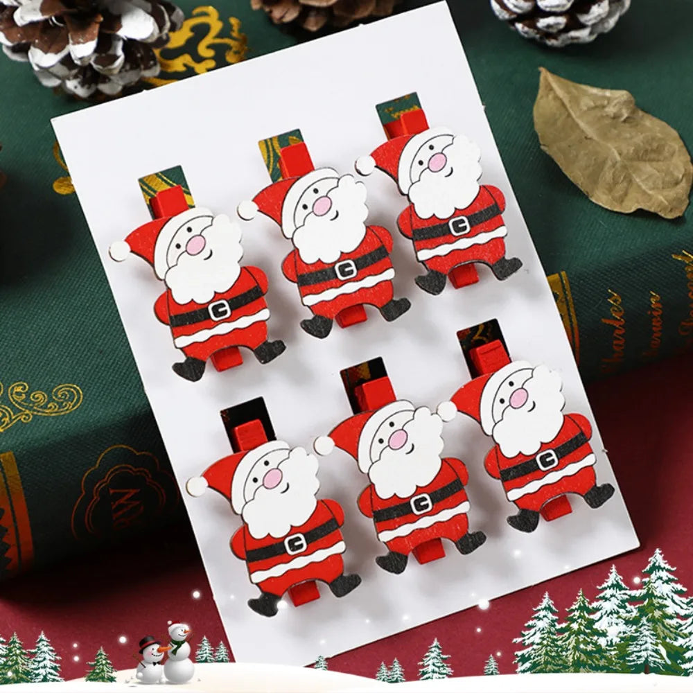6PCS Festive Cartoon Wooden Clips for Christmas Decor
