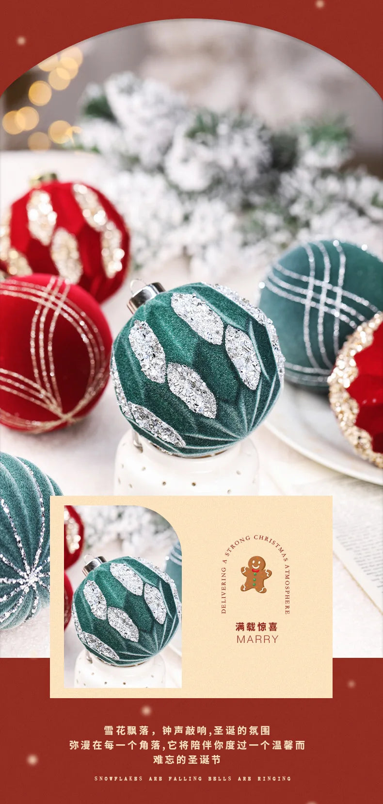 Flocking Red Christmas Ball Ornaments - 4 Pack - Image 5