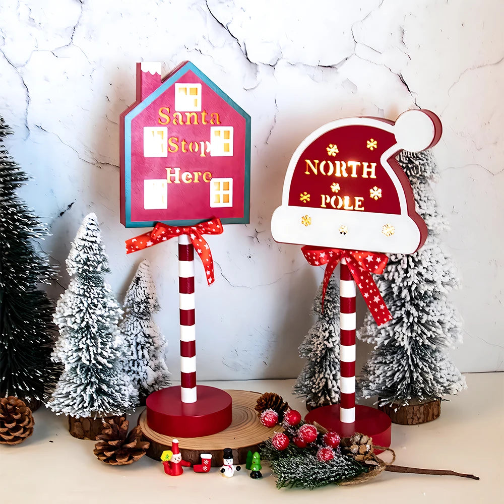 Charming Santa North Pole Wooden LED Sign