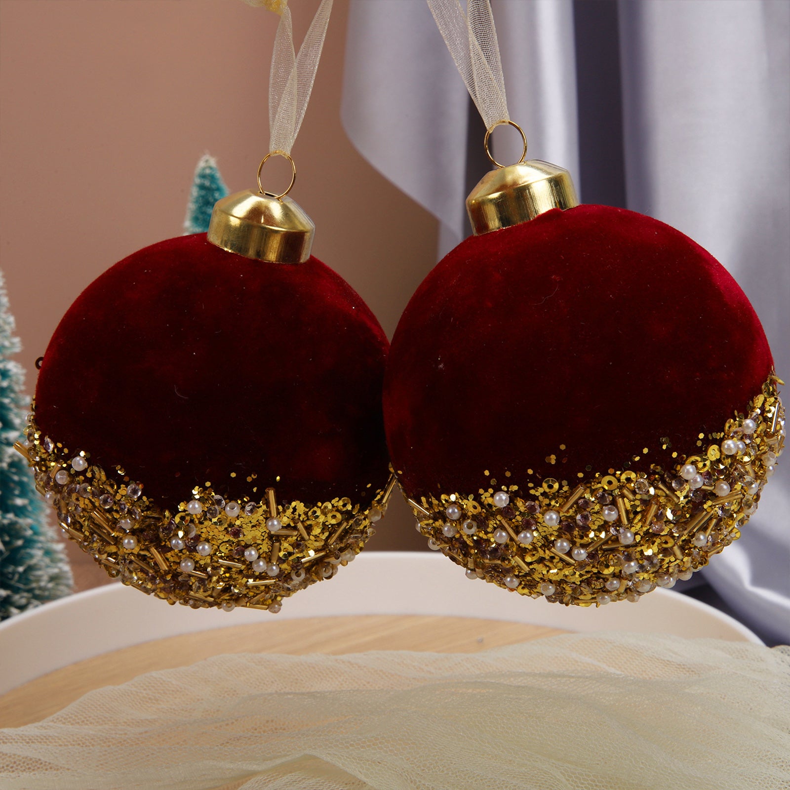 Burgundy Flocking Christmas Glass Ball Ornament - Image 8