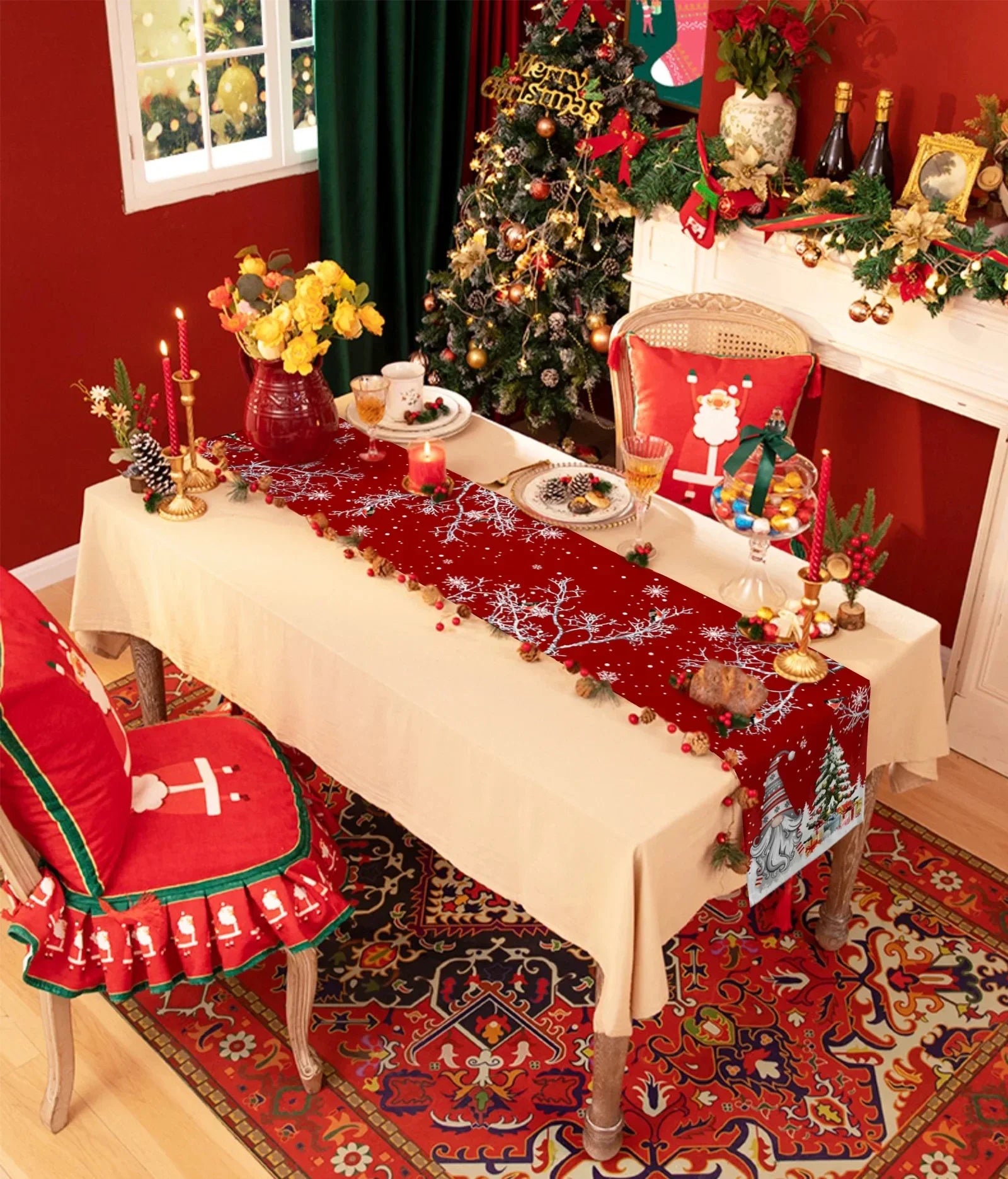 Charming Christmas Gnome Snowflake Table Runner Decor - Image 3