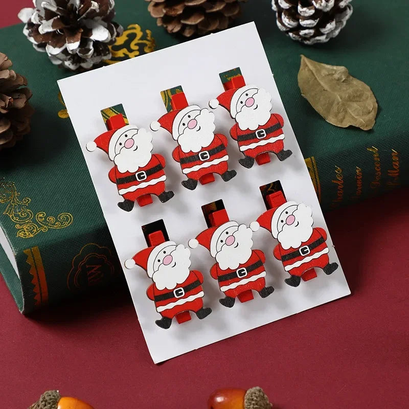 Festive 6pcs Wooden Christmas Clip Ornaments - Image 7
