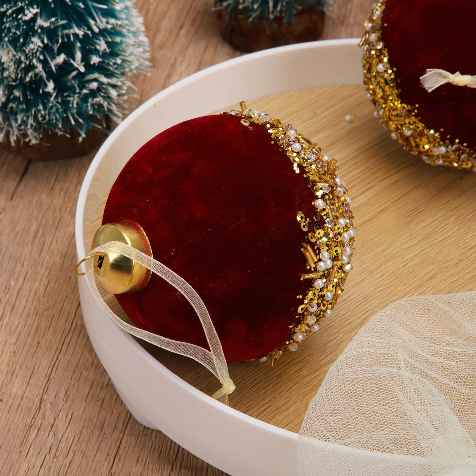 Burgundy Flocking Christmas Glass Ball Ornament - Image 3