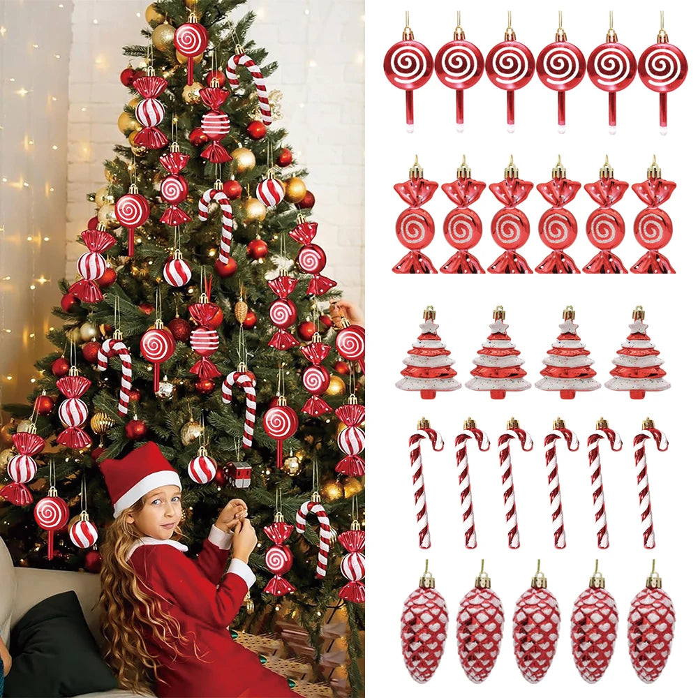 Festive Red & Gold Candy Cane Tree Ornaments