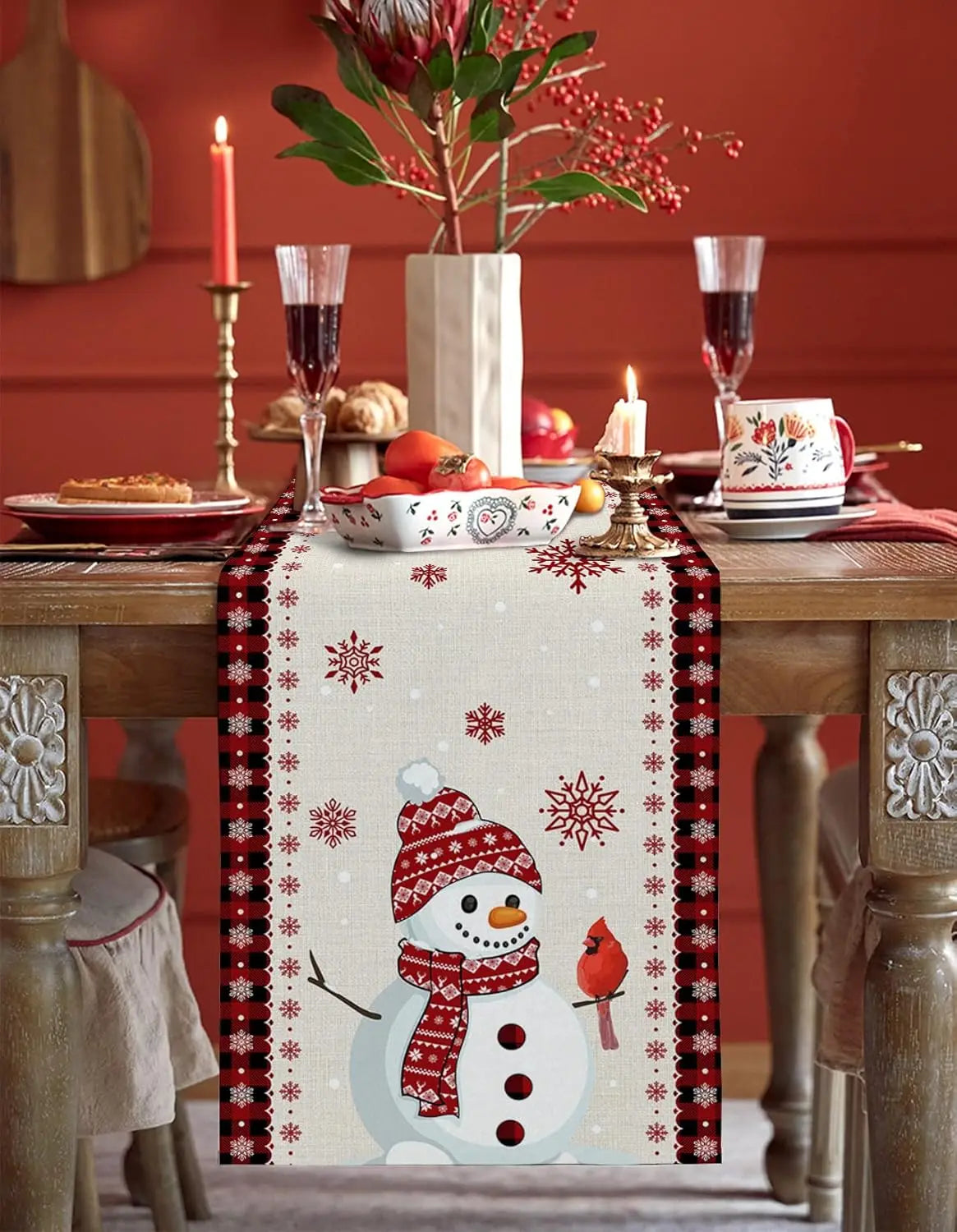 Cozy Christmas Snowman & Cardinal Table Runner - Image 2