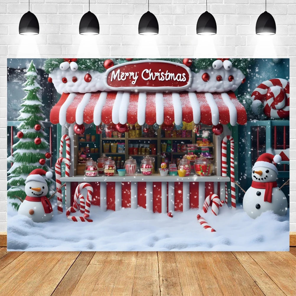 Charming Snowman Christmas Candy Shop Backdrop - Image 3