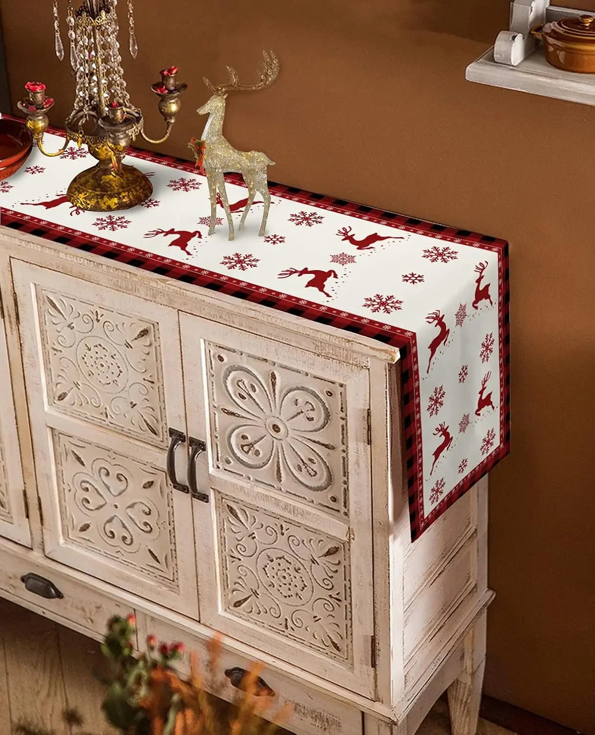 Festive Elk Snowflake Buffalo Plaid Table Runner - Image 12