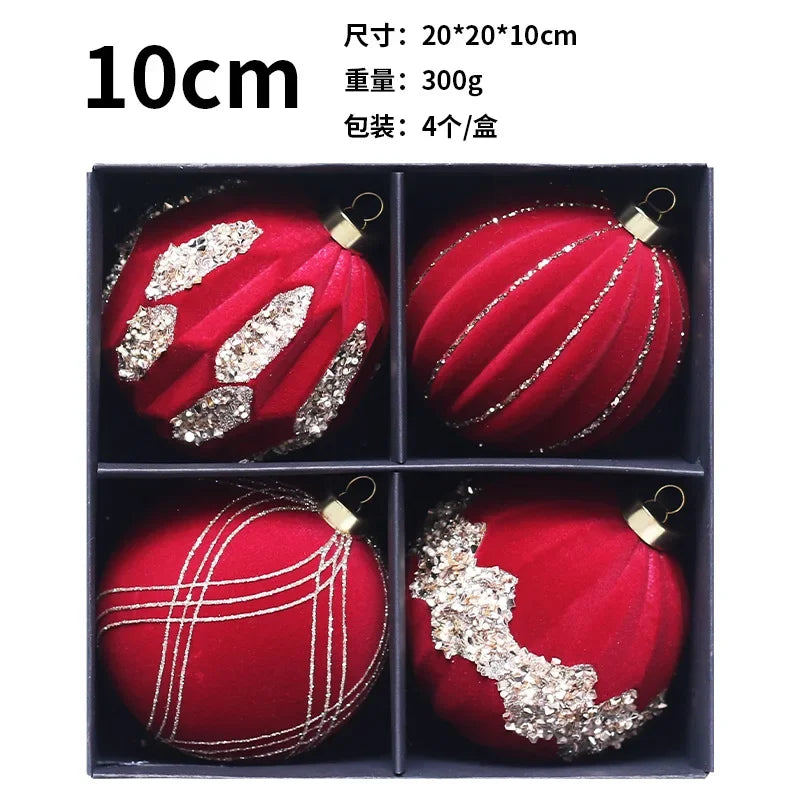 Flocking Red Christmas Ball Ornaments - 4 Pack - Image 2