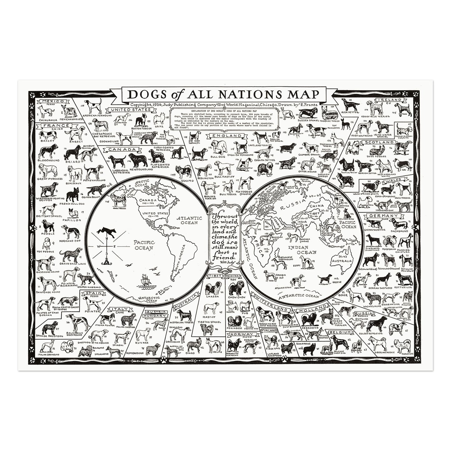 World map with dogs of all nations, Dogs of all nations