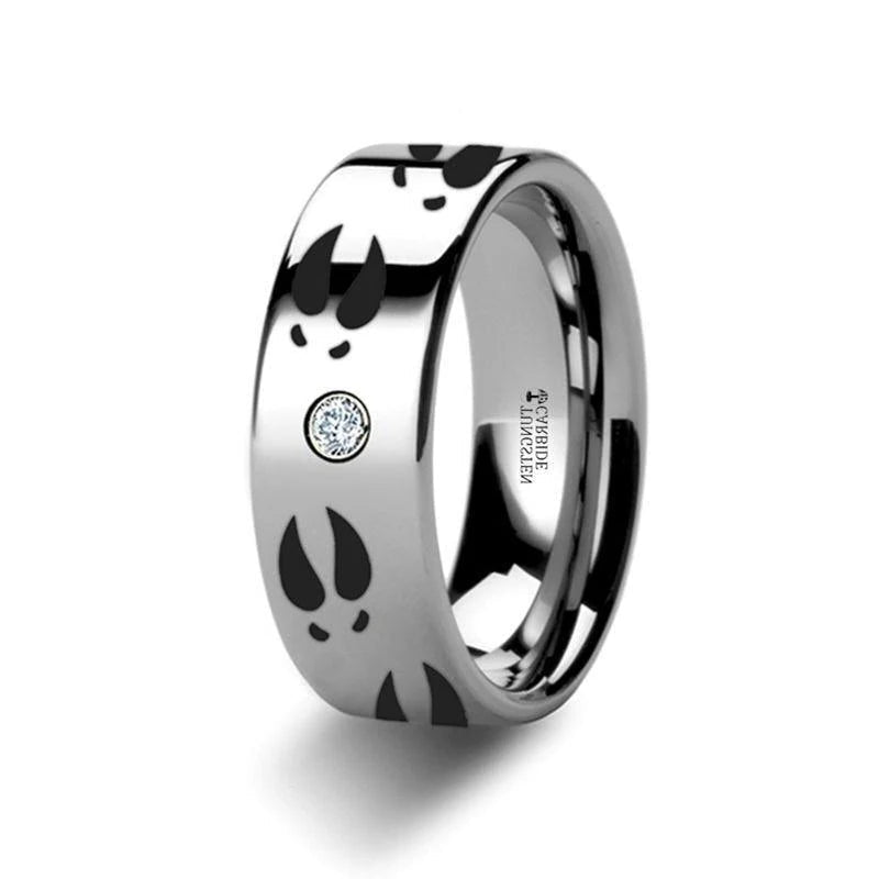 The Deer Print Animal Track Engraved Flat Tungsten Diamond Ring - 6mm or 8mm