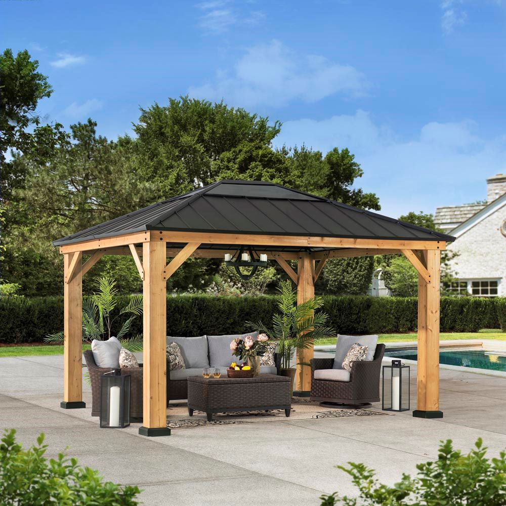 SUNJOY Outdoor Patio 11x13 Wooden Frame Backyard Hardtop Gazebo with Ceiling Hook - Golden Bull Marketing product image