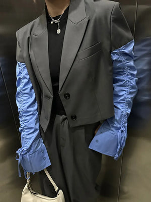 Hit Color Spliced Folds Outfit Set Long Sleeve Patchwork Blazer And High Waist Pant - Fashionella