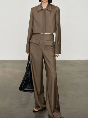 Solid Minimalist Two Piece Set Lapel Long Sleeve Blazer High Waist Pant Casual - Fashionella