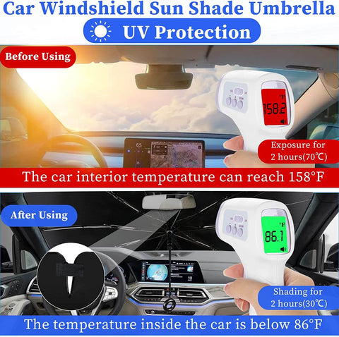 Effective Sun Protection The Lux Car Windshield Umbrella offers full windshield coverage of protection from the sun's intense heat and harmful UV rays. Its universal size fits most vehicles, keeping the interior of your car cool and reducing damage and aging to interiors. Get maximum sun protection with this efficient and durable windshield umbrella.