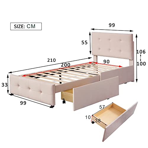 Polsterbett 90 x 200 cm, Bett mit Lattenrost, Rückenlehne und 2 Schubladen, Beige Flanellstoff hautfreundlich, Einzelbett für Kinder