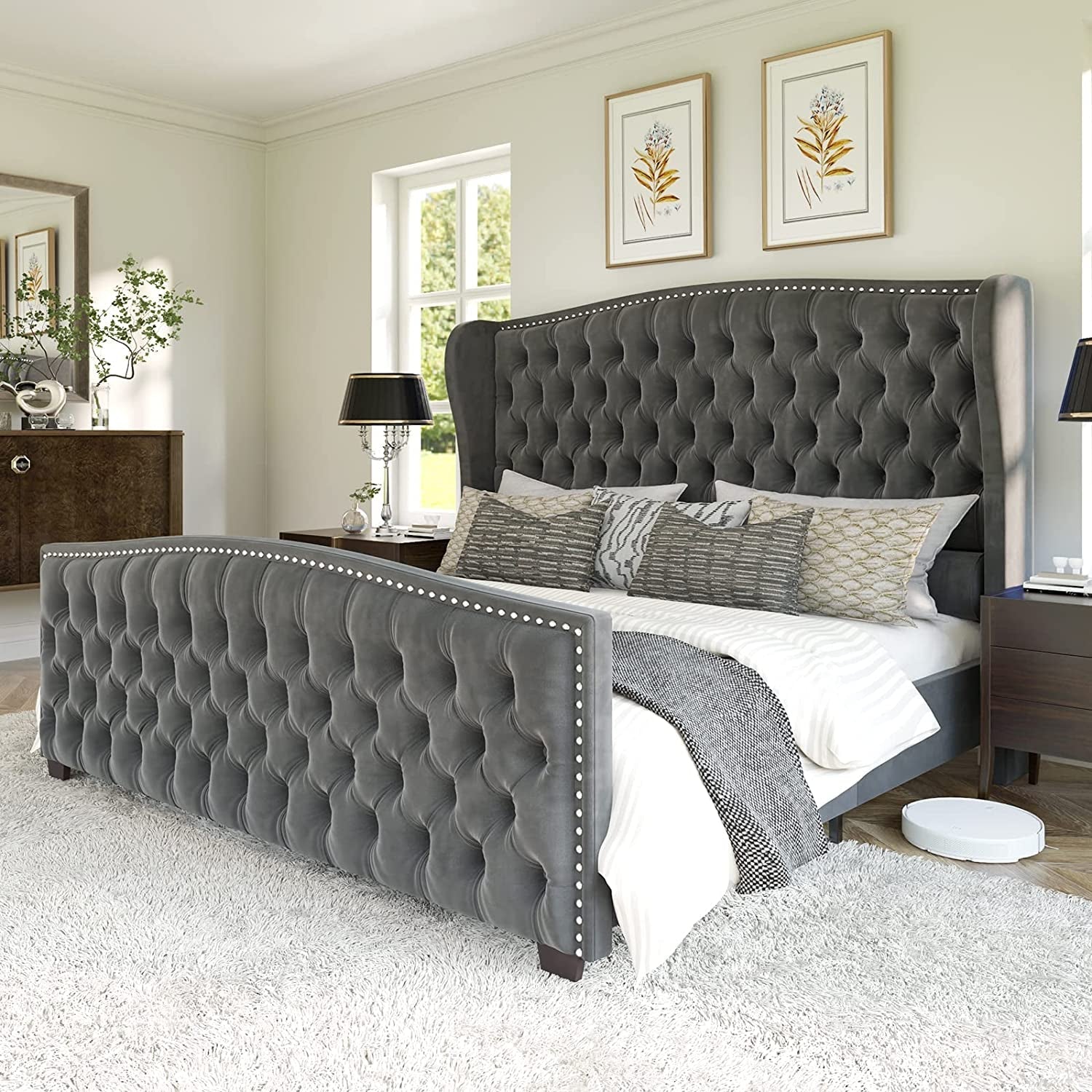 Elegant Grey King Size Platform Bed Frame with Velvet Upholstery, Deep Button Tufted Design, and Nailhead Trim Wingback Headboard - No Box Spring Required