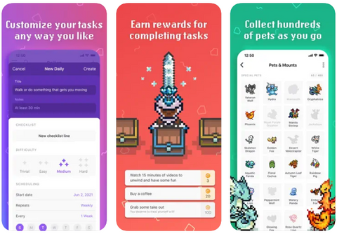 Image of the Habitica app on an iPhone showcasing the main features of the app