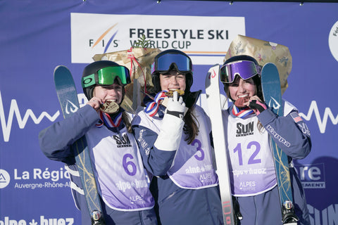 Photo of Olivia Giaccio, Jakara Anthony, and Alli Macuga - FIS Freestyle Dual Moguls Podium - Alpe d'Huez 2023