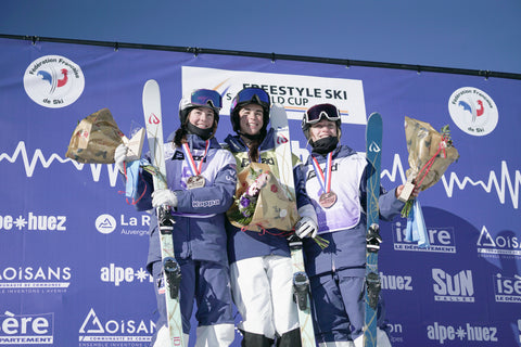 Photo of Jaelin Kauf, Jakara Anthony, and Olivia Giaccio - FIS Freestyle Moguls World Cup - Alpe d'Huez, France 2023