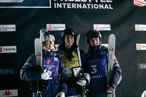 Podium photo of Jakara Anthony, Jaelin Kauf, and Olivia Giaccio.  Intermountain Health Freestyle International Ski World Cup 2024