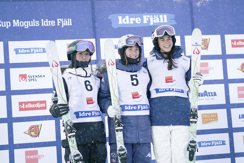 Photo of Rino Yanagimoto, Jaelin Kauf, and Jakara Anthony - FIS Freestyle Dual Moguls Podium - Idre Fjäll, Sweden 2023