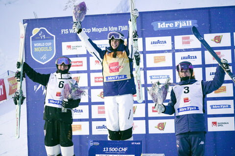 Photo of Rino Yanagimoto, Jakara Anthony, and Olivia Giaccio - FIS Freestyle Moguls World Cup Podium - Idre Fjäll, Sweden 2023