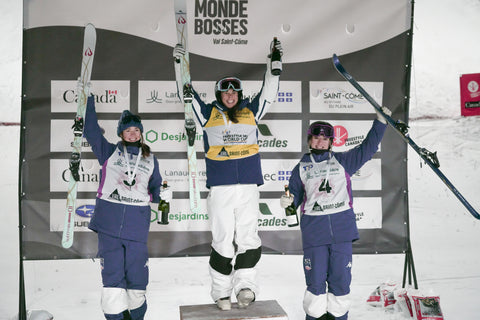Podium photo of Jakara Anthony, Jaelin Kauf, and Olivia Giaccio - Val St Come, Canada 2024 - Dual Moguls FIS Freestyle World Cup