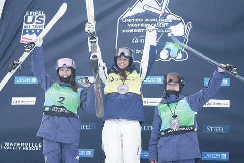 Podium photo of Jakara Anthony, Jaelin Kauf, and Olivia Giaccio at the United Airlines Waterville Freestyle Cup Presented by ID one USA