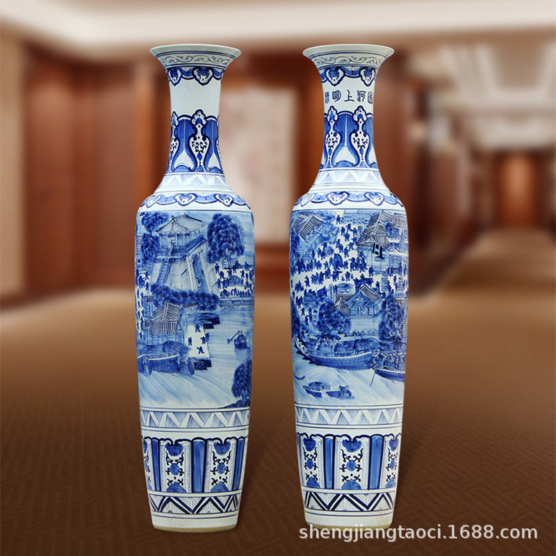 Jingdezhen blue and white porcelain ceramics floor-to-ceiling large bottle creative Qingming Shanghe picture living room flower arrangement ornaments