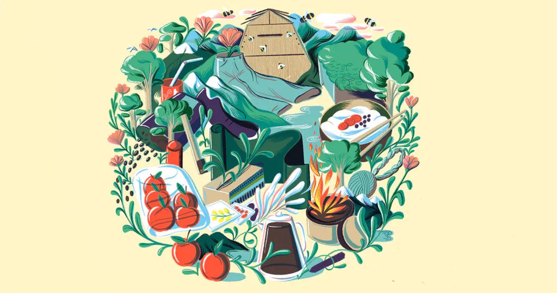 Abstrakt collage af produkter og grønne planter, der symboliserer miljøvenlige produkter i form af planeten Jorden