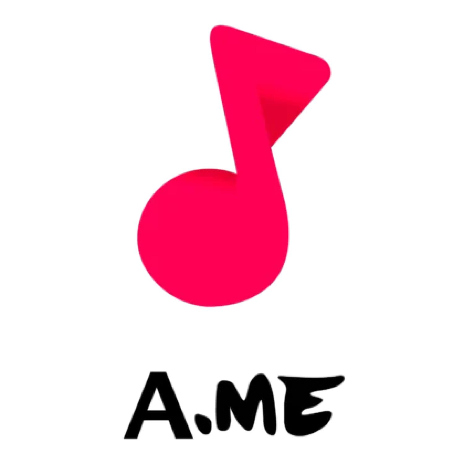 Rosa musiknote-formet logo med teksten "A.ME" i fed sort skrift under det.