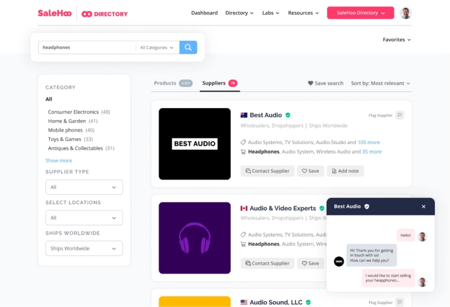 SaleHoos hjemmeside viser leverandører af audio-produkter