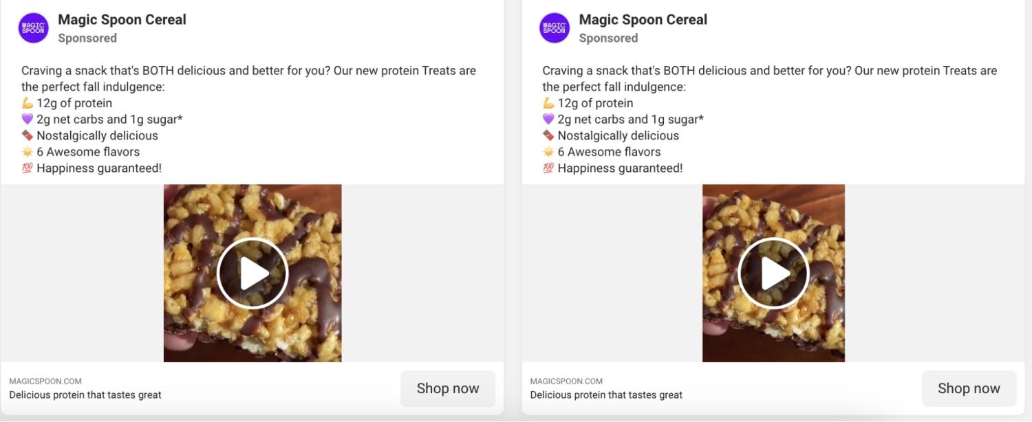 To Facebook videoannoncer for en protein morgenmadsbar.