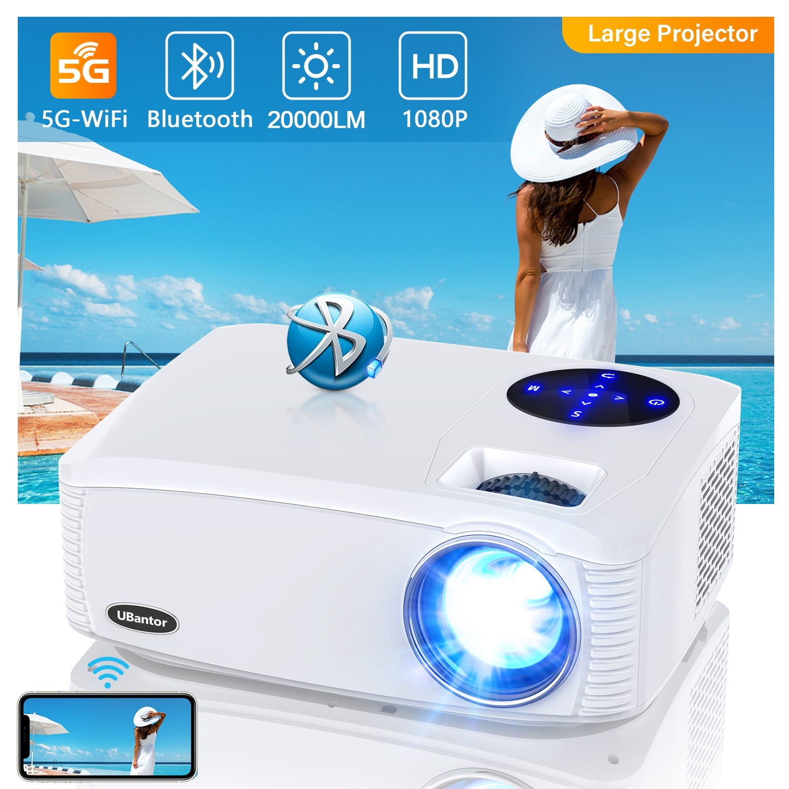 5G WiFi Bluetooth Projector, Native 1080P 20000LM 450 Display Support 4K Movie Projector, High Brightness for Home Theater and Business, Compatible with iOS/Android/TV Stick/PS4/HDMI/PPT/USB