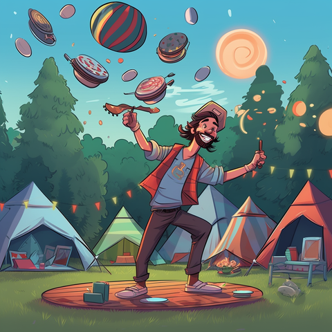 Music Festival Campsite with cartoon image of person juggling foods and gear