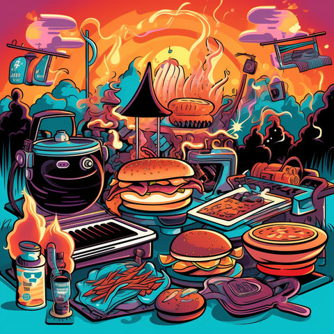 Cartoon image of psychedelic burgers and fries with a sunset and trees