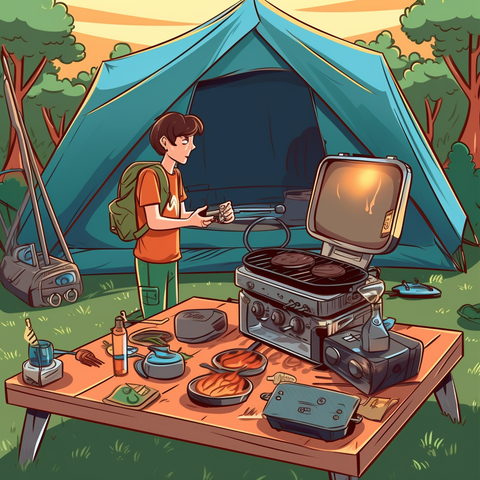 Festival Campsite. Cartoon image of a person at a campsite in front of a tent and portable grill