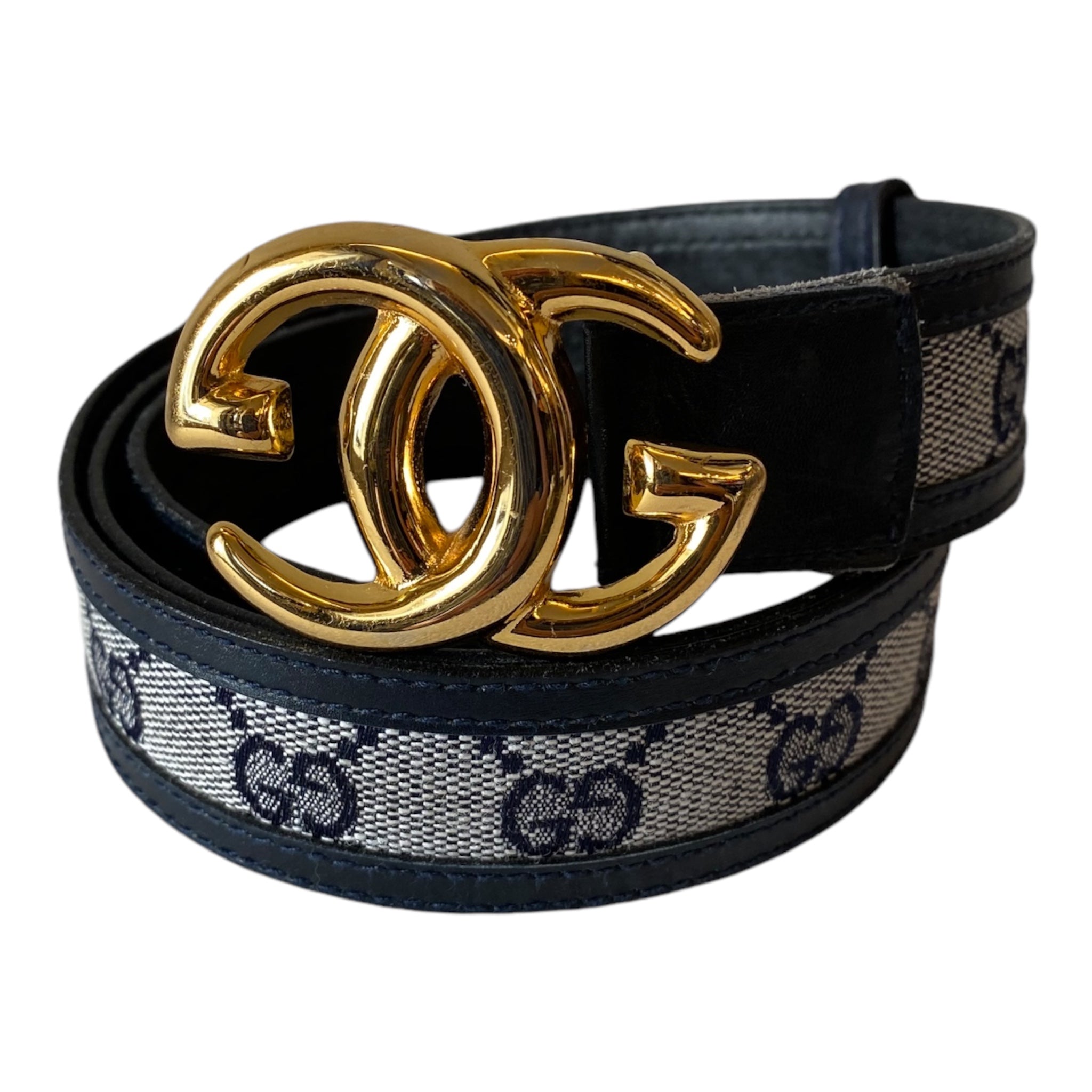 Image of GUCCI Vintage GG Buckle Navy Blue Monogram Canvas Belt